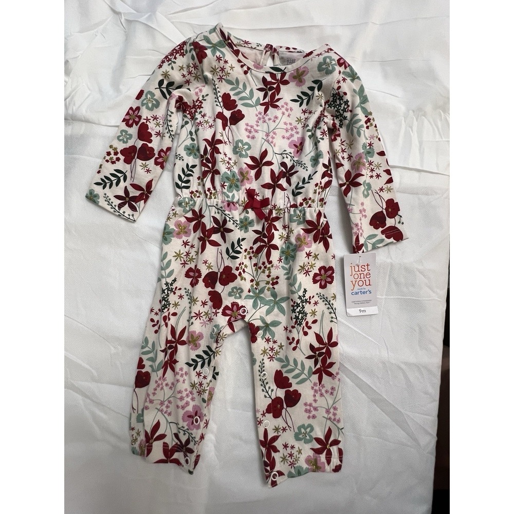 Carter's Baby Girls Christmas Floral Romper 9M Holiday Gold Floral One Piece NWT